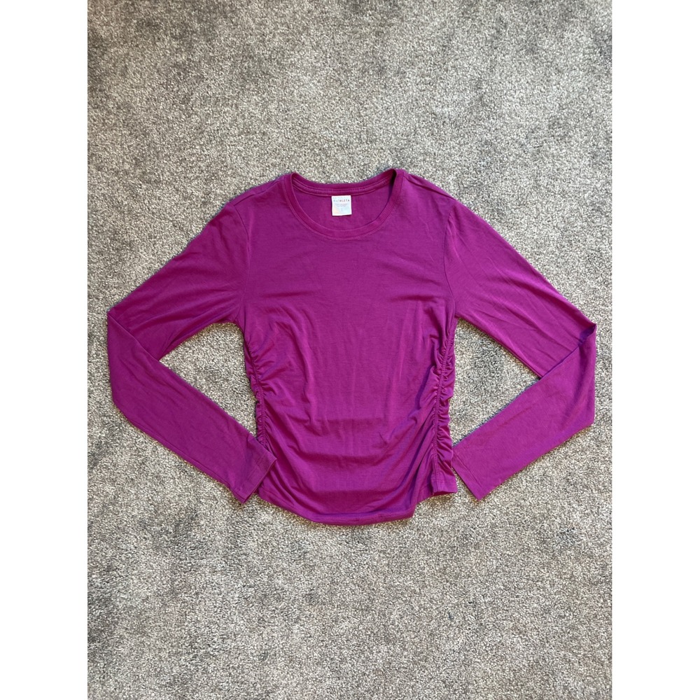 Athleta Magenta Purple Ruched Side Long Sleeve Top XS 824684-11 Crew Neck Yoga